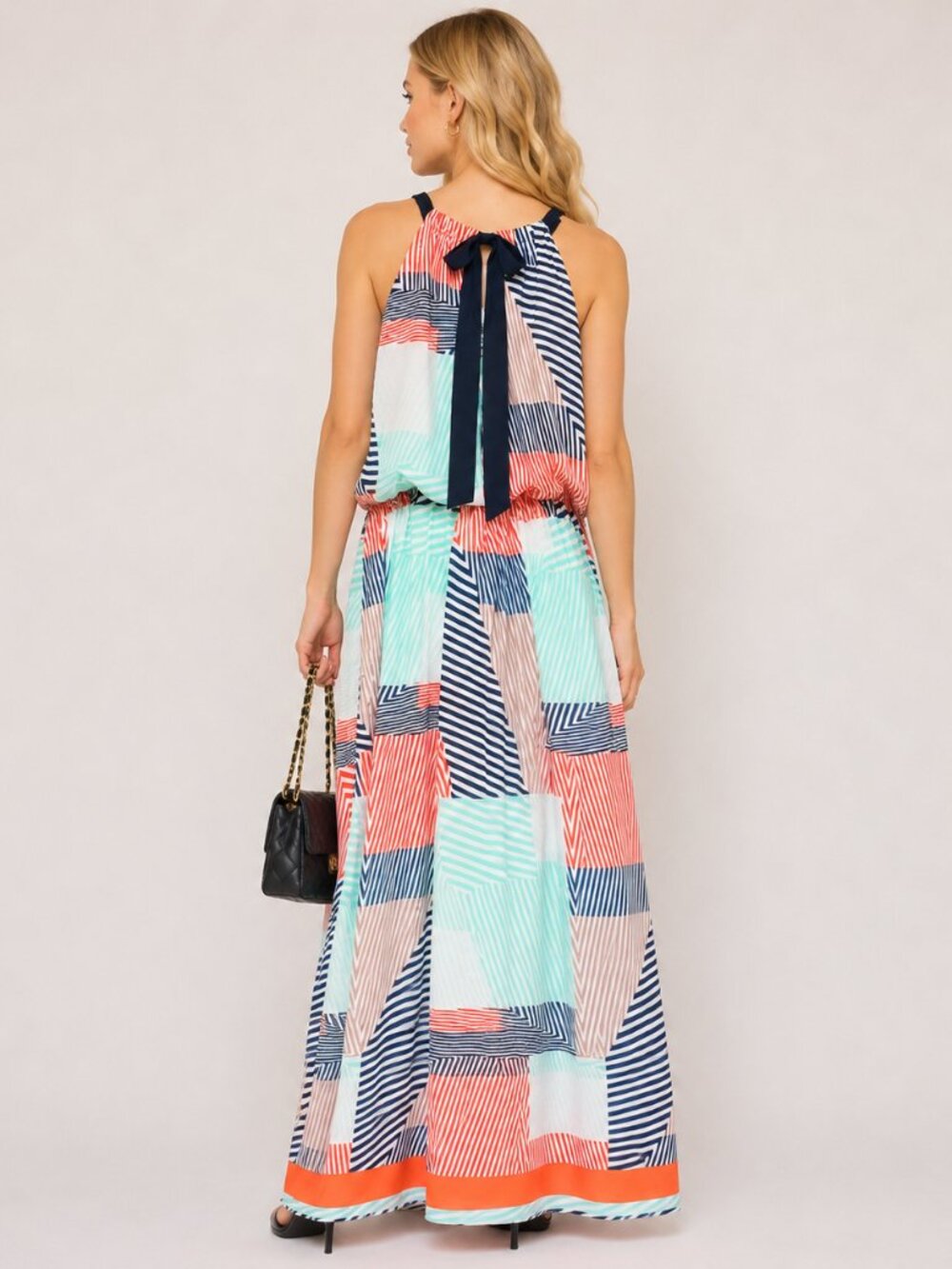 Vince Camuto Geometric Halter Maxi Dress Coral Mint Black Sleeveless Bow Tie 10 - Picture 2 of 9